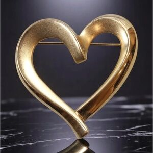 Vintage KREMENTZ Brooch Pin - Sculptural Heart Curve, Satin Gold Tone Finish